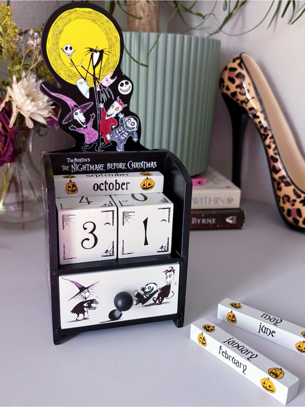 Tim Burton Nightmare Before Christmas Wooden Perpetual Block Calendar w/ Drawer